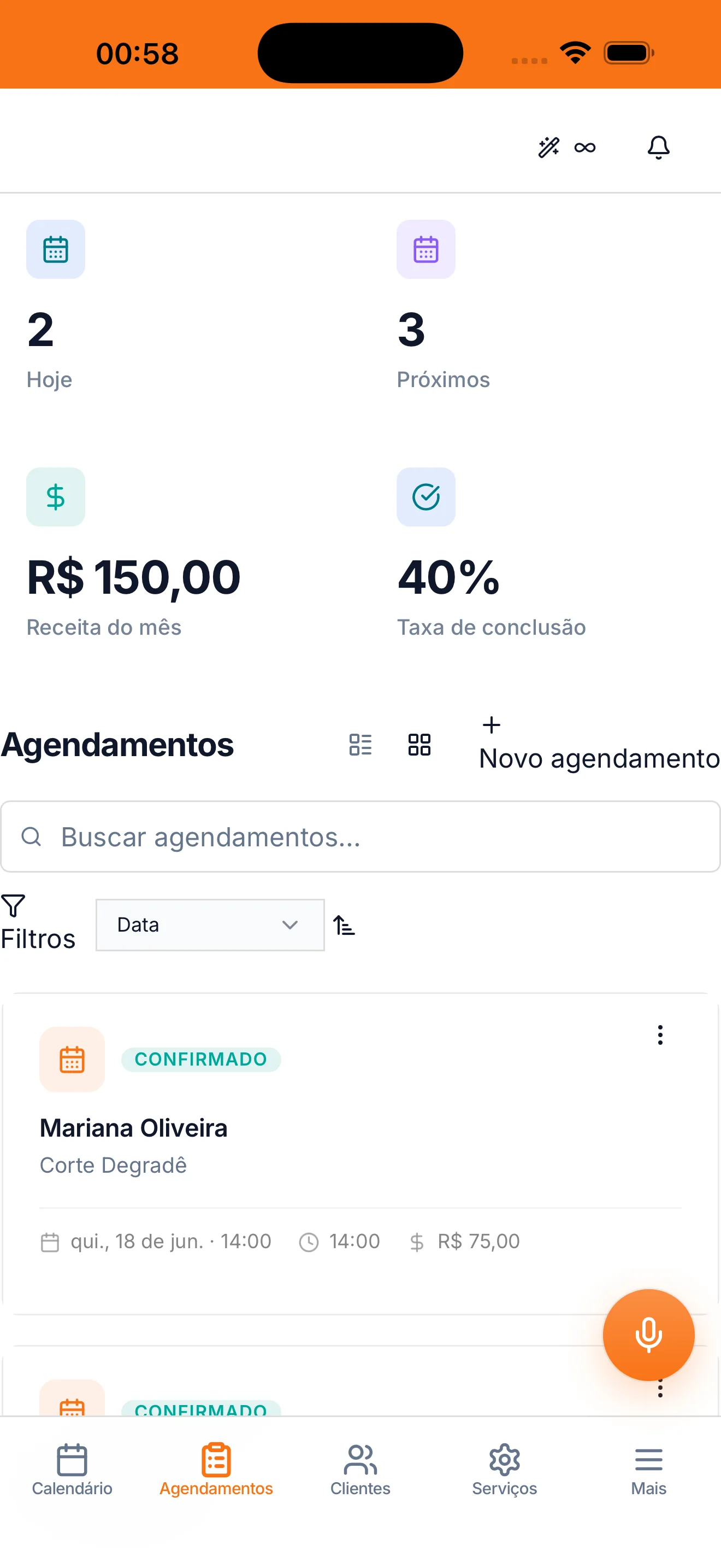 App do Ordo: agenda do dia, agendamentos confirmados e a receita do mês num lugar só
