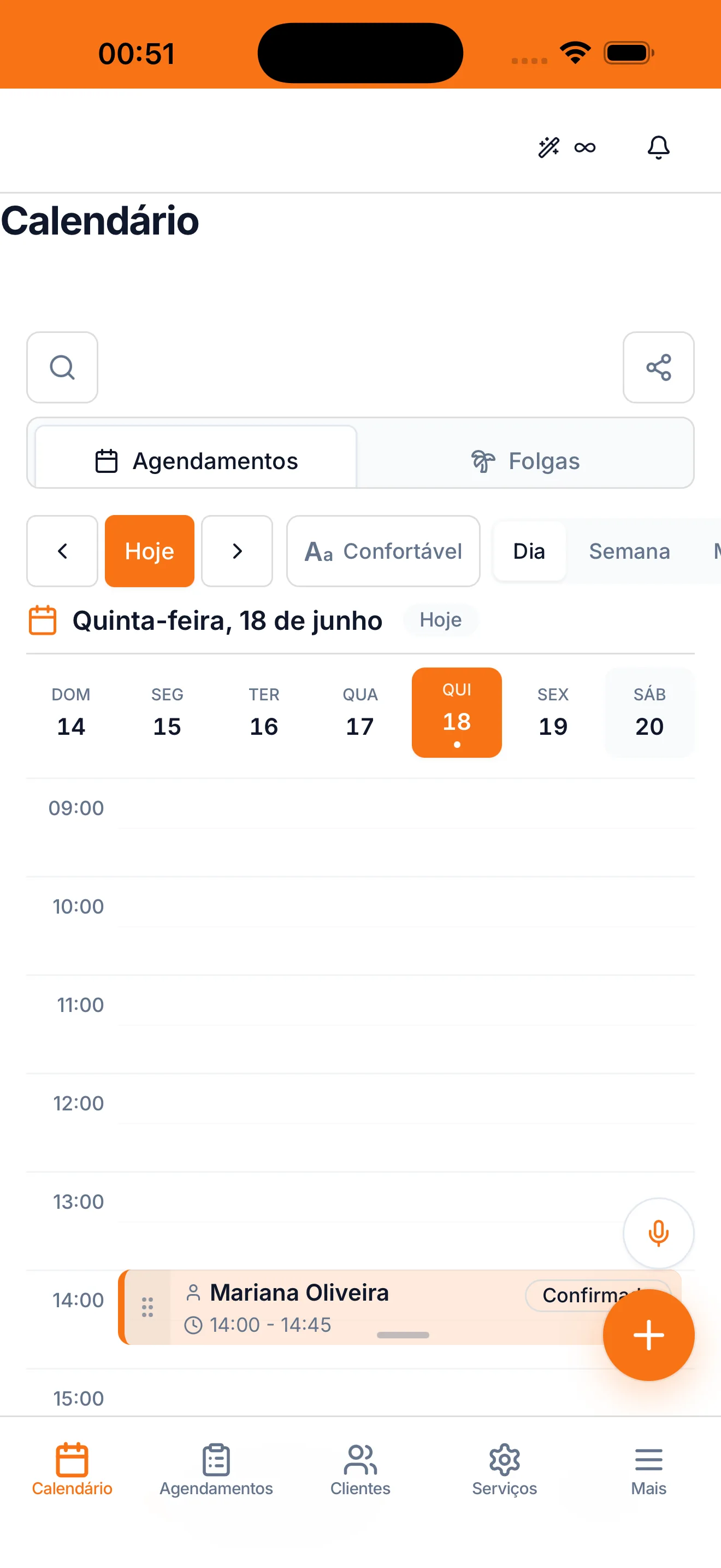 Tela de calendário do app Ordo com a agenda do dia e os horários