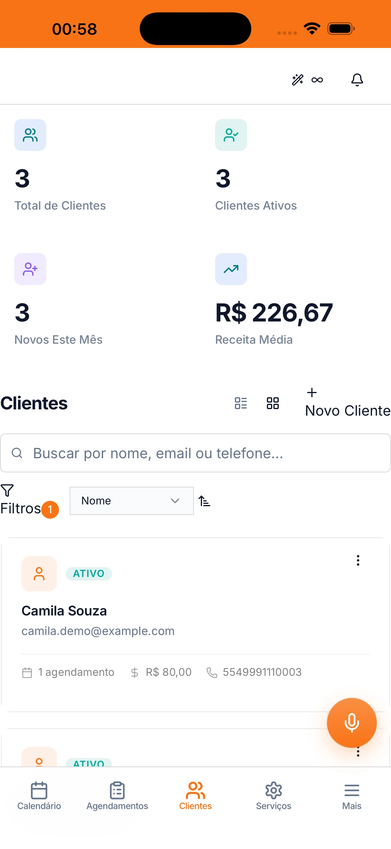 Tela de clientes do app Ordo com a base de clientes