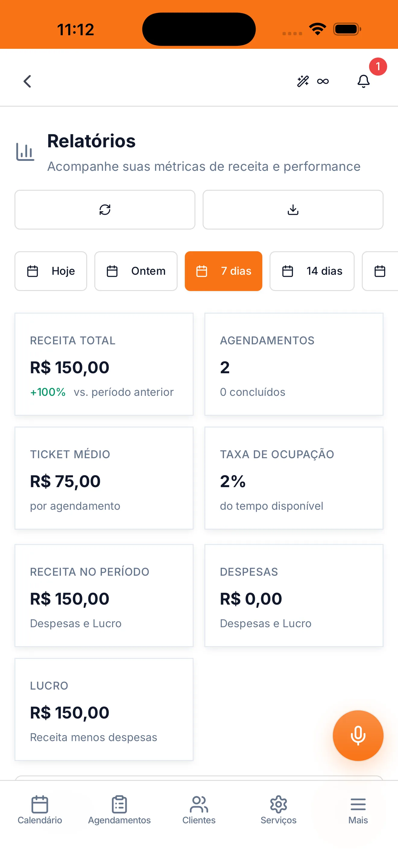 Tela de relatórios do app Ordo com o faturamento