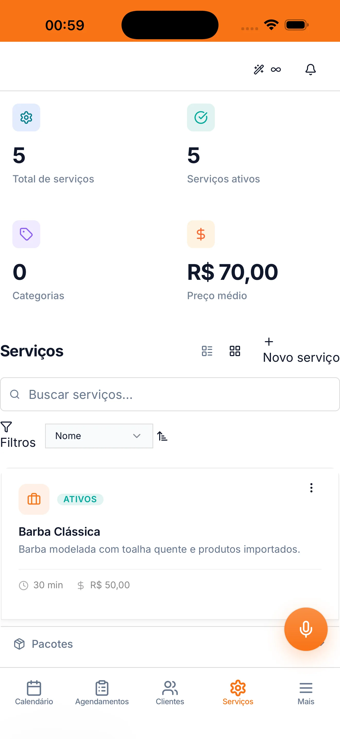 Tela de serviços do app Ordo com o catálogo e os preços
